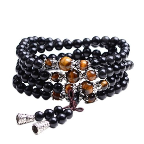 Pulseira com 108 contas e olho negro de tigre para meditação